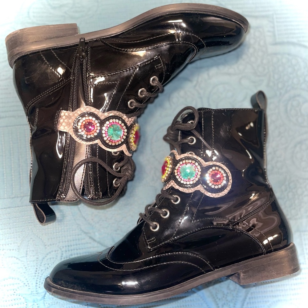 Betsey Johnson Black Patent Leather Women's Boots with Jewel Accents